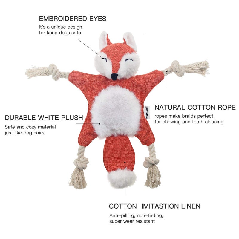 Vitscan Fox Dog Toy with Squeaker, Stuffless Dog Toy Crinkle Hunting Dog Toy Plush Durable Dog Squeaky Toys Cotton Rope Dog Toy Throughout the Body Cute Dog Chew Toys for Puppies with Eyes Embroidery Design - Image 3